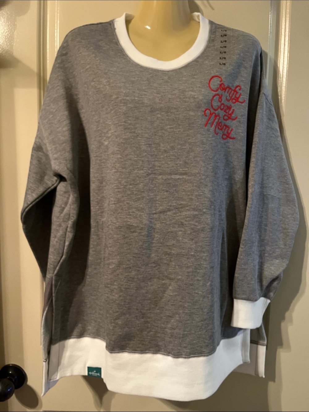 Hallmark Gray Crewneck Sweater with Red Script Embroidery, NWT, Size Large
